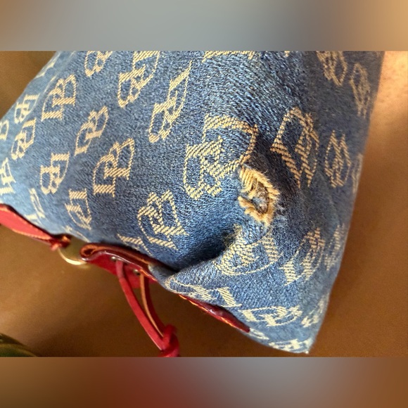 Dooney & Bourke Vintage Blue Denim Signature Monogram w/ Red LeatherShoulder Bag - Picture 11 of 16